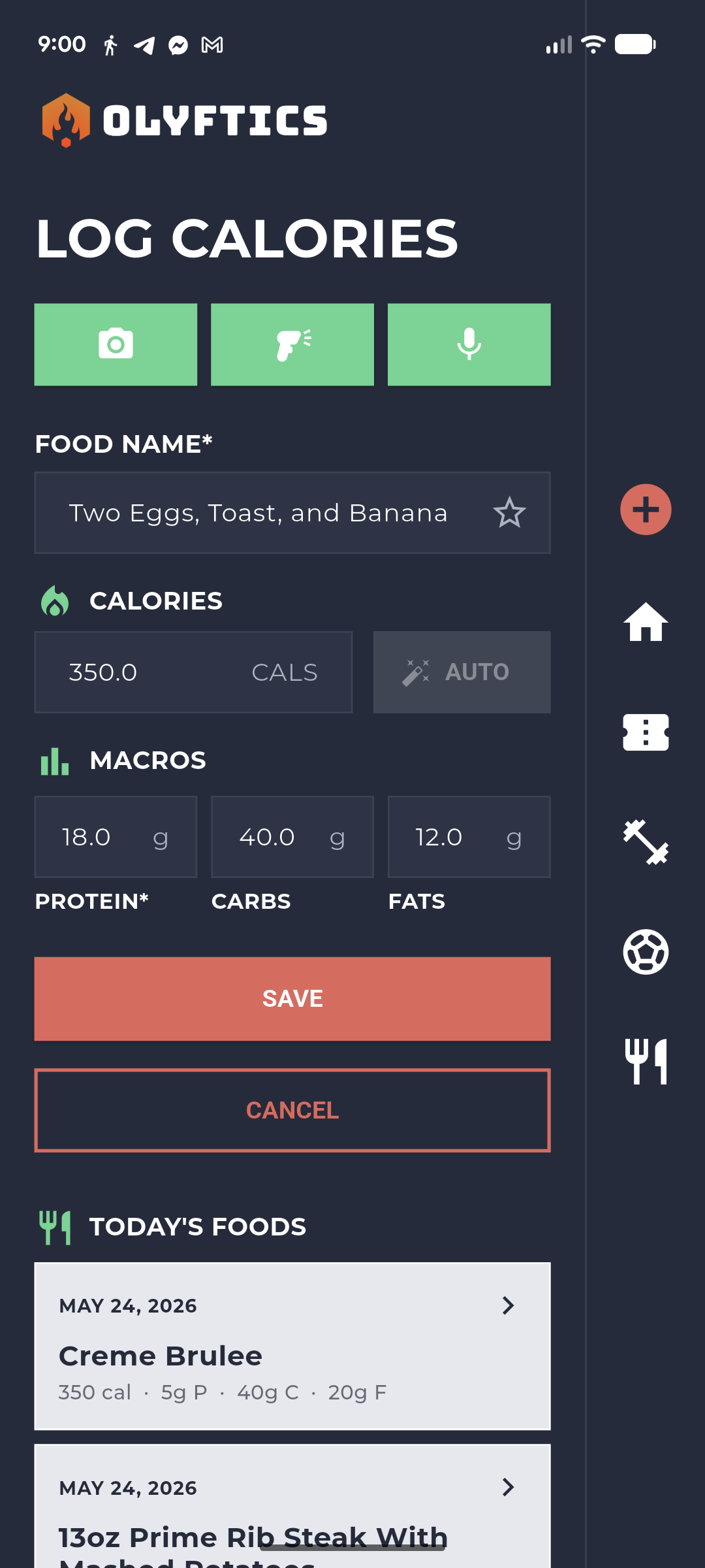 Olyftics calorie logging screen with photo, scan, and voice input options