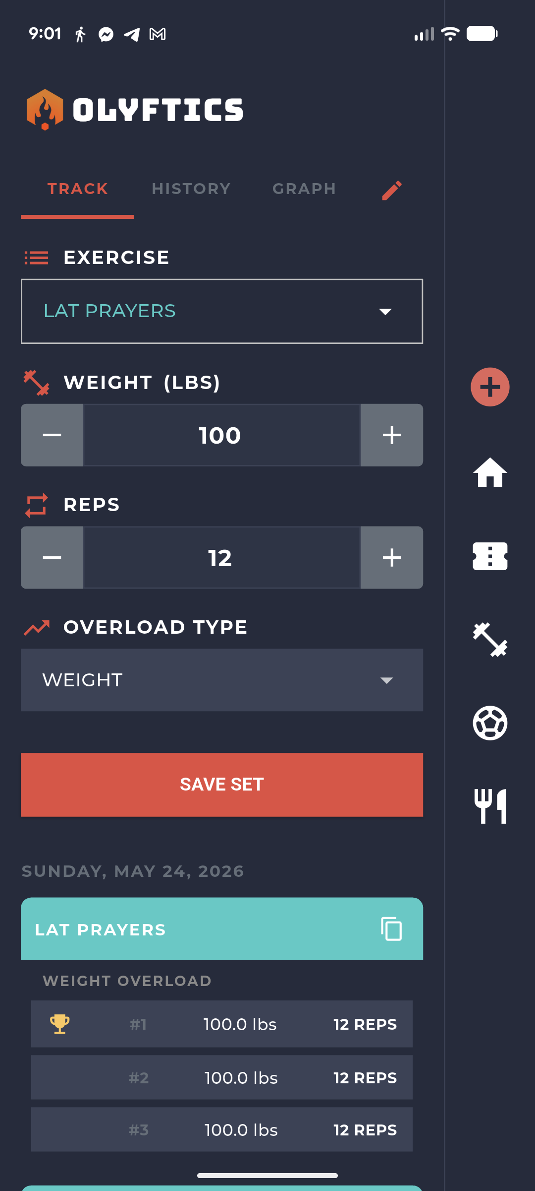 Olyftics exercise tracker logging weight, reps, and sets with PR badges